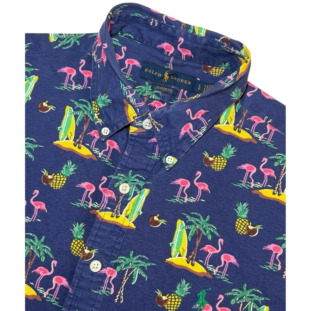 Ralph Lauren Mens‎ L Tropical Shirt Flamingo Surfboard Palms Print Short Sleeve